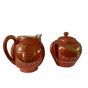 Eiraku Eggshell Porcelain Japanese Red Gold Dragon Milk sugar Set Antique Kutani